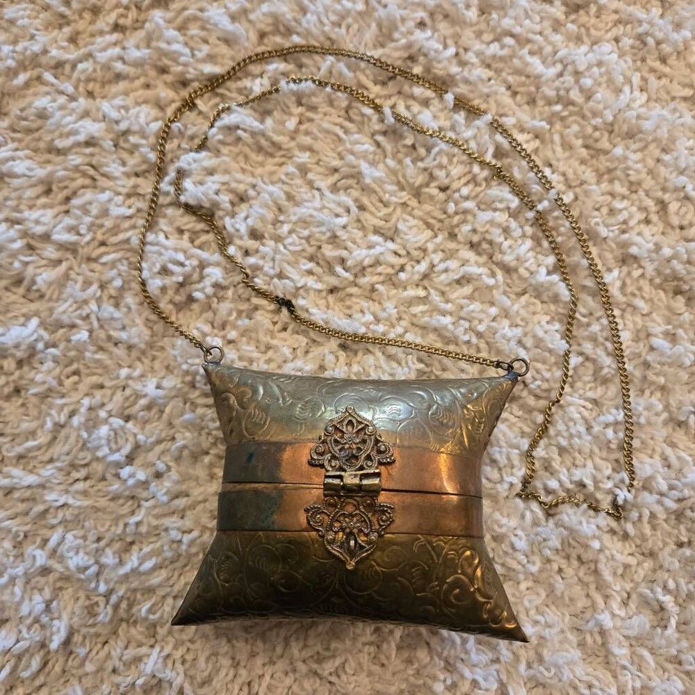 Vintage Brass Pillow Purse Velvet Lined Long Chain